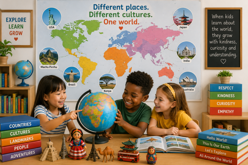 Children learning about different cultures, countries, landmarks, and traditions around the world while developing empathy, curiosity, and cultural awareness.