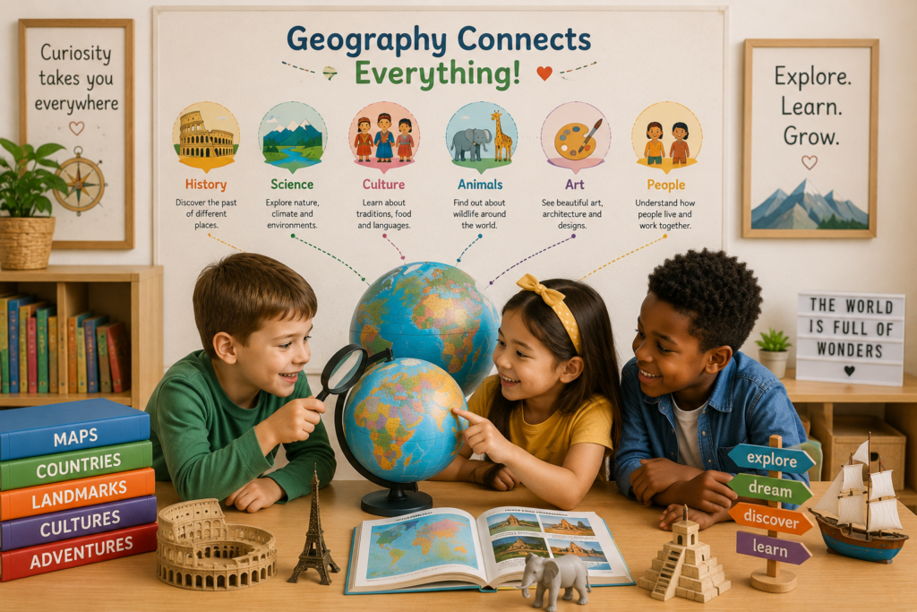 Students discovering how geography connects history, science, culture, animals, art, and people through maps, exploration, and interactive learning.