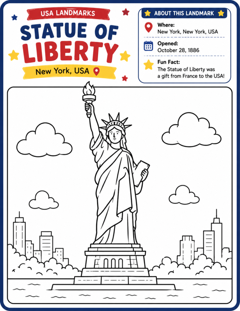 USA landmarks fact page for kids exploring famous American landmark