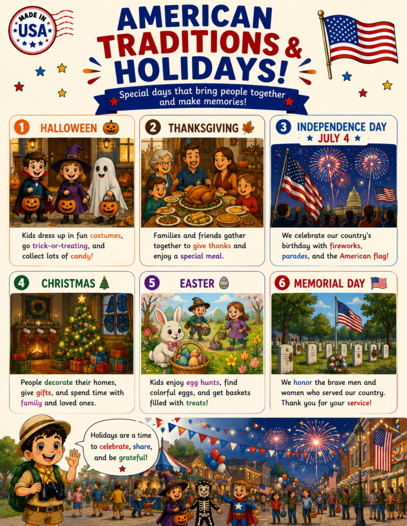 American holidays printable page teaching kids about celebrations in the United States