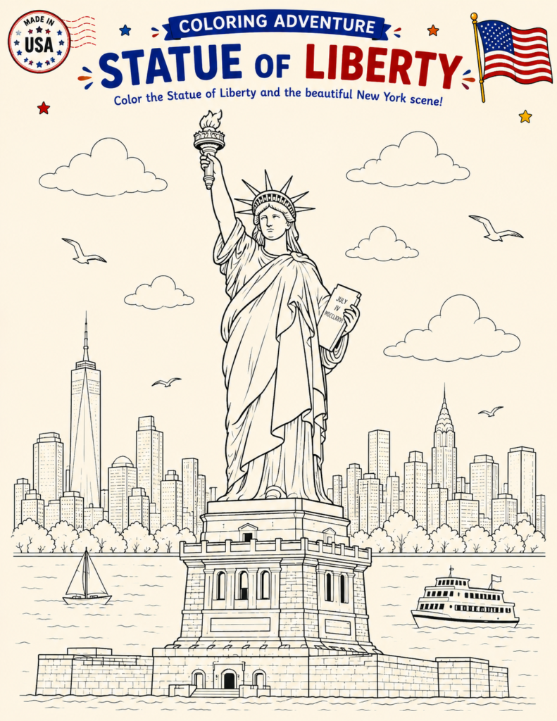 Statue of Liberty coloring page for kids learning about famous American landmarks