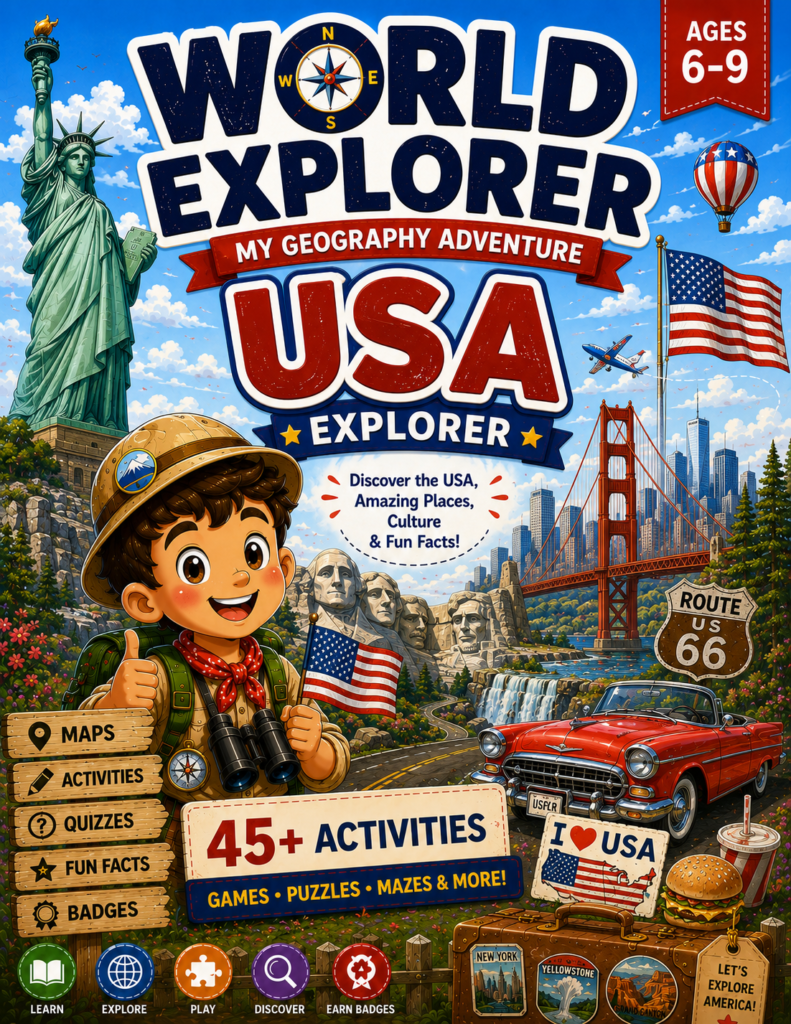 USA for kids educational guide featuring fun facts, famous landmarks and printable geography activities