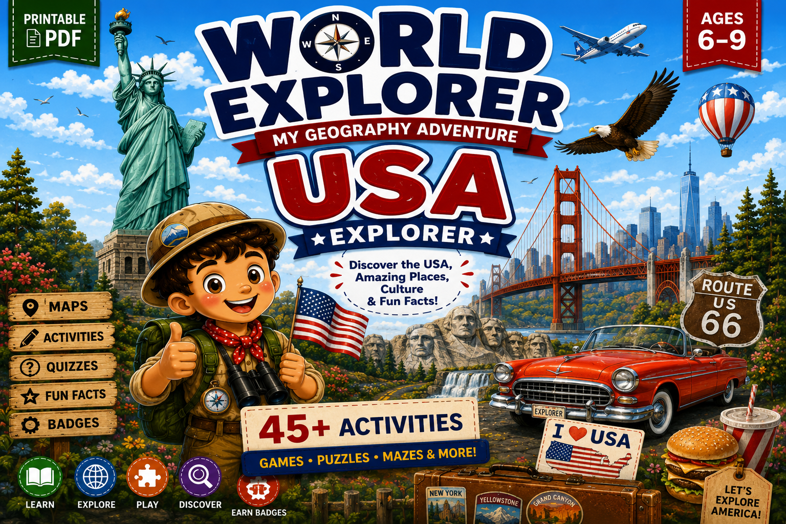 USA Explorer printable geography activity book for kids featuring maps, landmarks, puzzles, quizzes and educational games