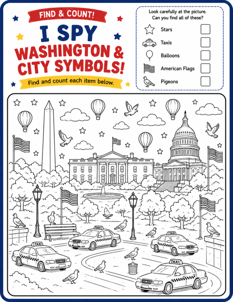 USA landmarks activity page for kids with educational geography activities