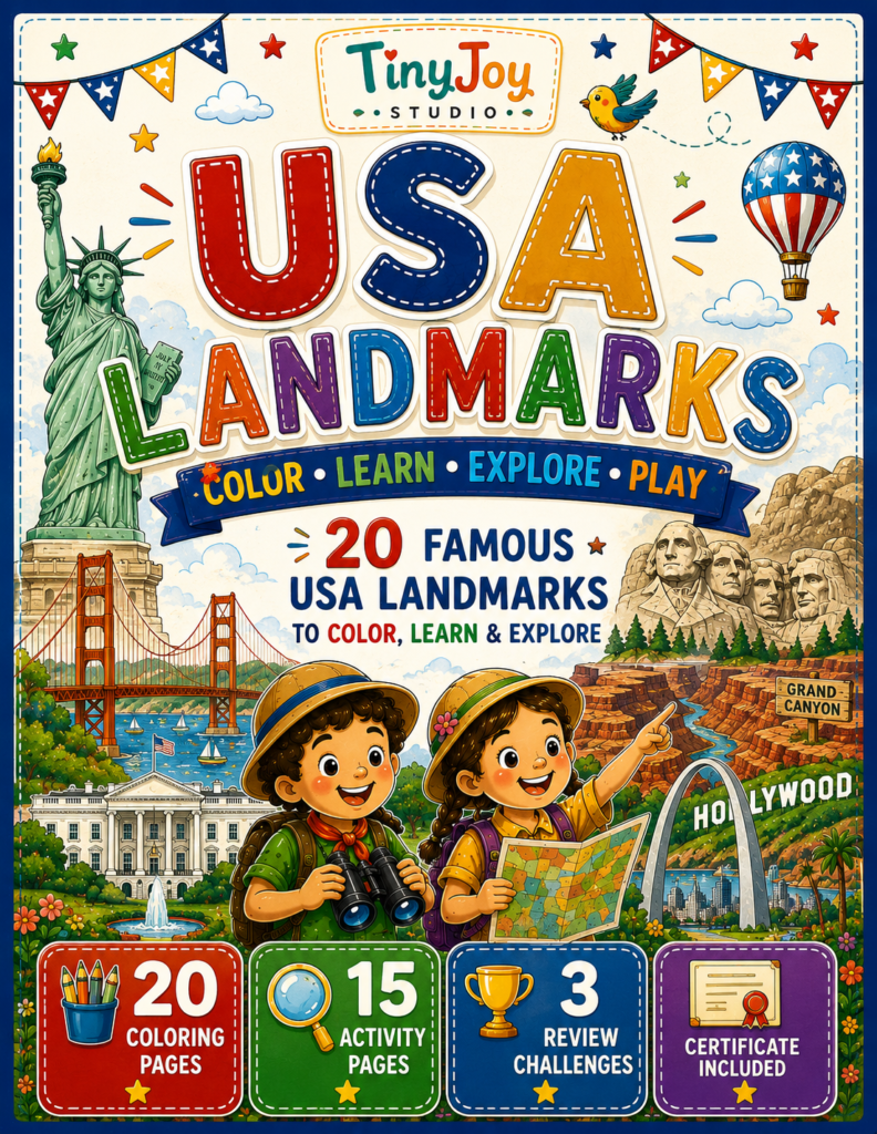 USA Landmarks Activity Book for Kids featuring famous American landmarks, coloring pages, fun facts, quizzes, and educational geography activities