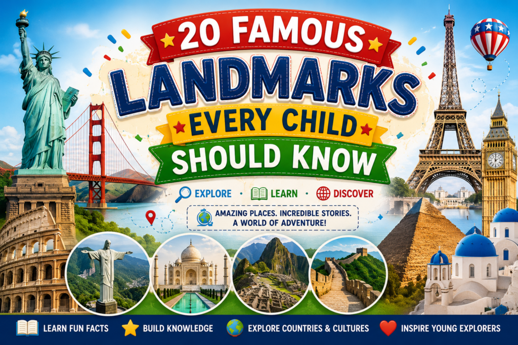 Famous landmarks for kids including the Statue of Liberty, Eiffel Tower, Big Ben, and other world-famous landmarks