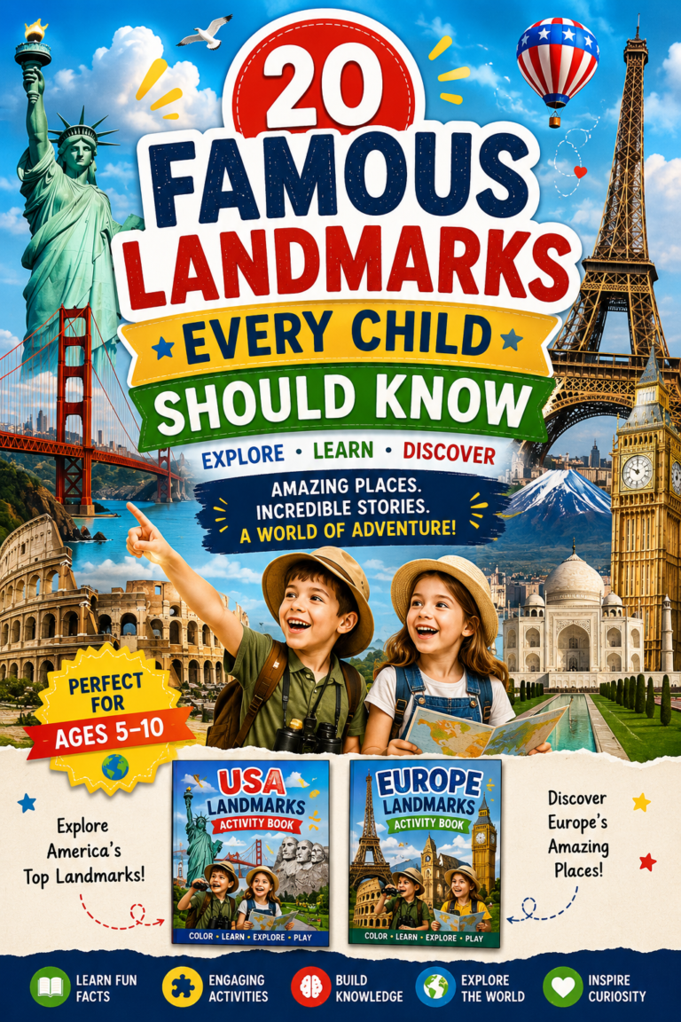 Children exploring famous world landmarks including the Eiffel Tower, Statue of Liberty, Big Ben, and Taj Mahal while learning geography