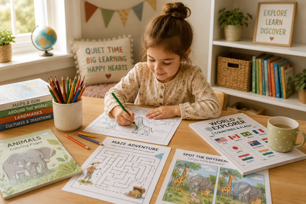 Creative printable activities for quiet time including coloring pages, puzzles, geography worksheets, and screen-free learning activities for kids.