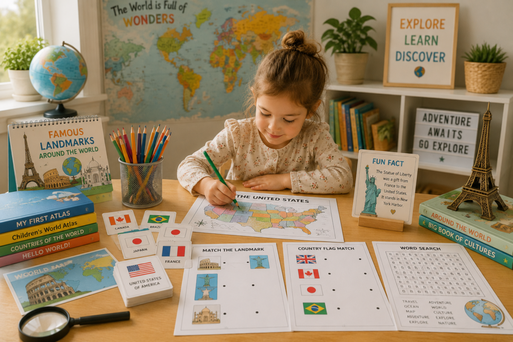 Geography activities for kids featuring countries, landmarks, maps, flags, and world exploration through printable worksheets.