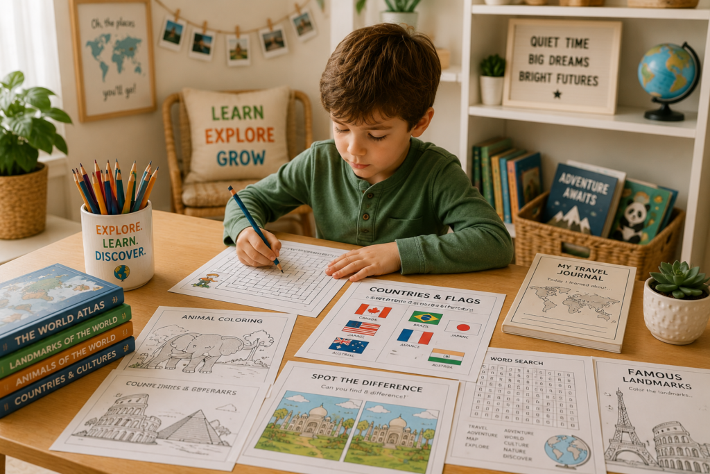 Independent learning activities for children using printable puzzles, coloring pages, educational worksheets, and quiet time activities.