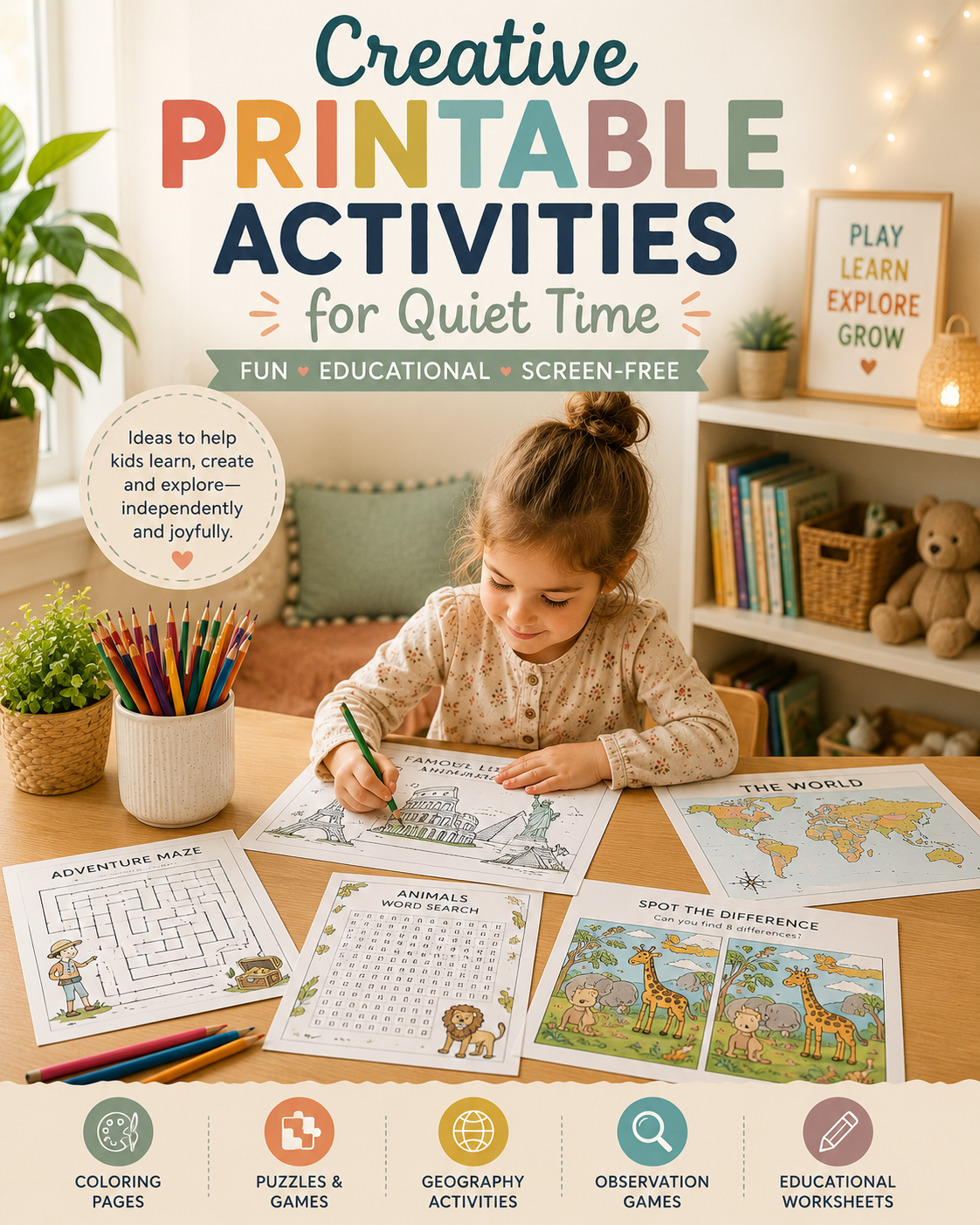 Creative printable activities for quiet time with coloring pages, puzzles, geography worksheets, and screen-free educational activities for children.