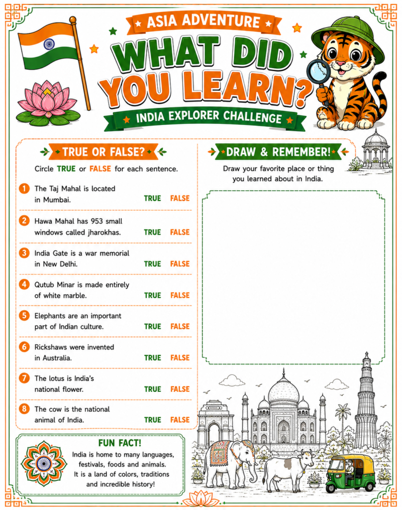 Asia landmarks activity page for kids featuring educational games and geography challenges