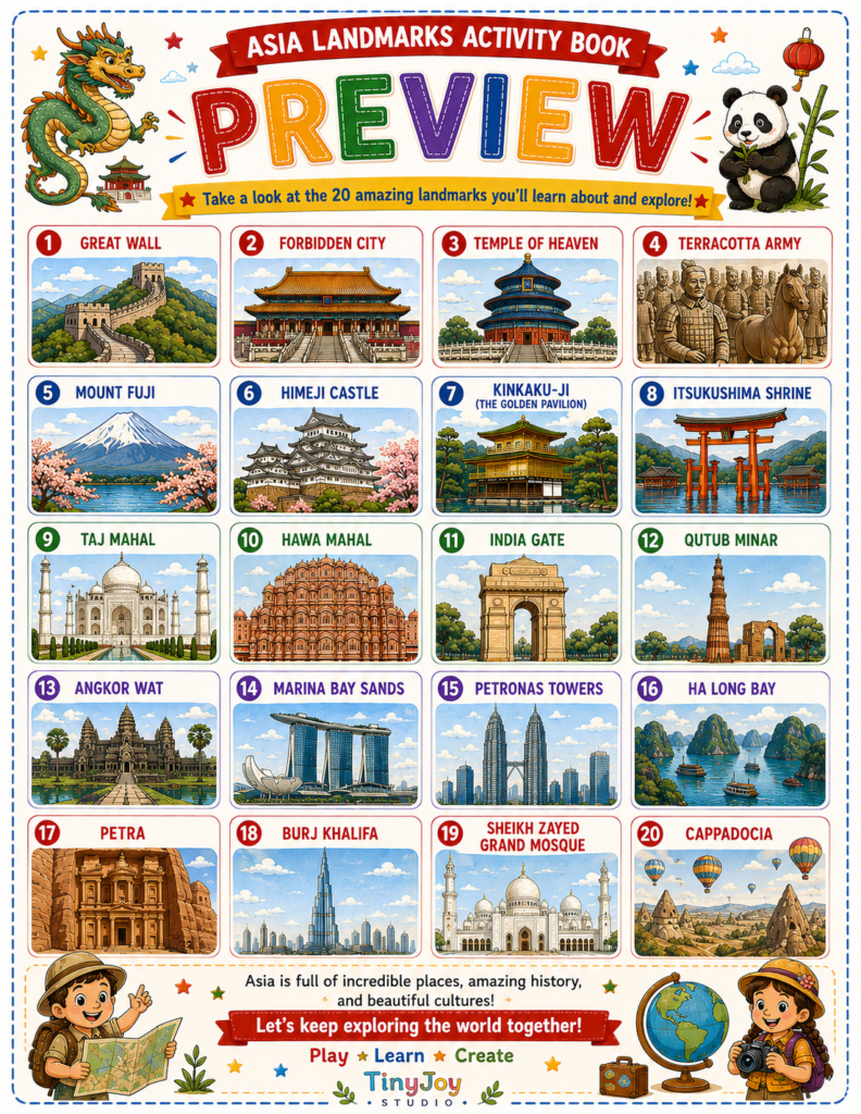 Asia landmarks educational activities for kids exploring the world