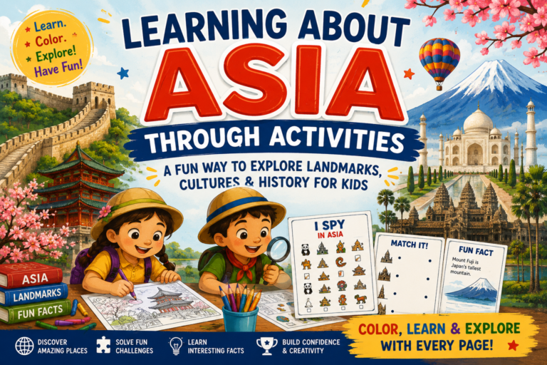 Kids learning about Asia through coloring activities and famous landmarks