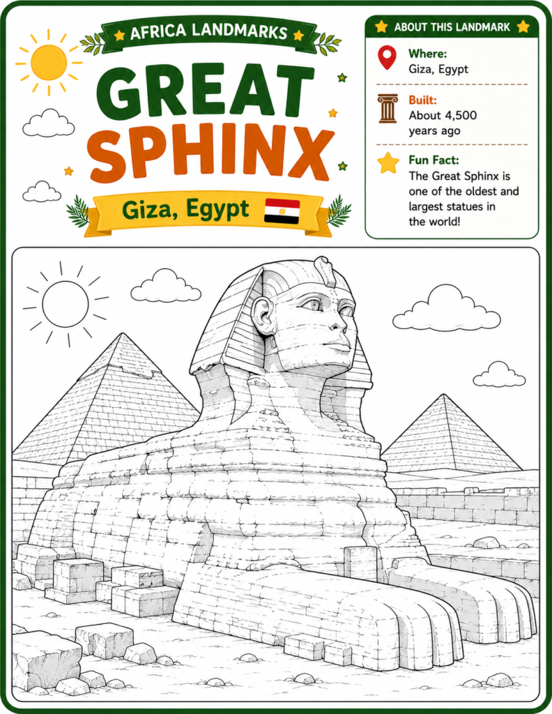 Africa landmarks fact page for kids featuring famous landmarks and natural wonders