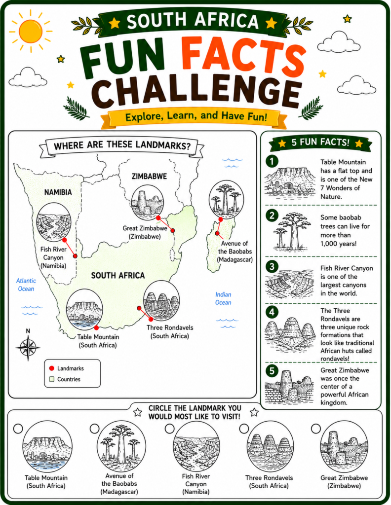 Africa landmarks activity page for kids with puzzles quizzes and learning activities