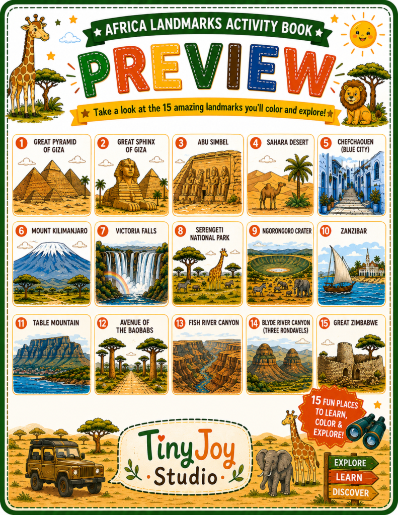 Africa landmarks educational activities for kids exploring different countries