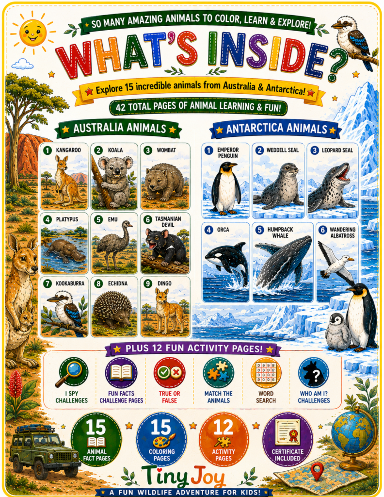 Australia and Antarctica animals activity book preview for kids