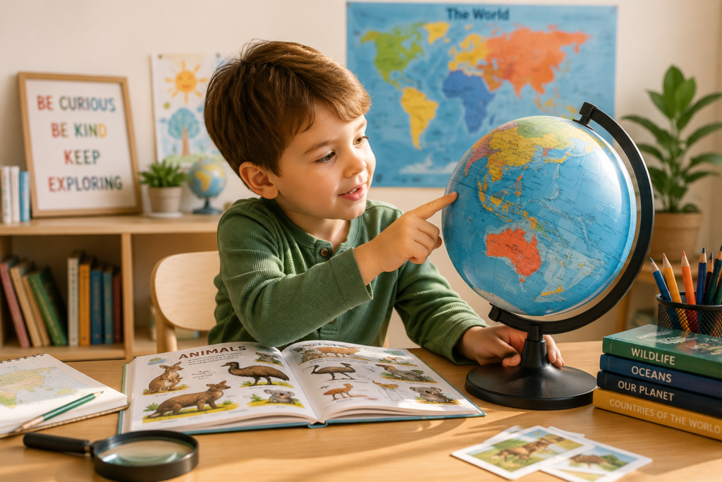Curious child exploring a globe and learning about the world