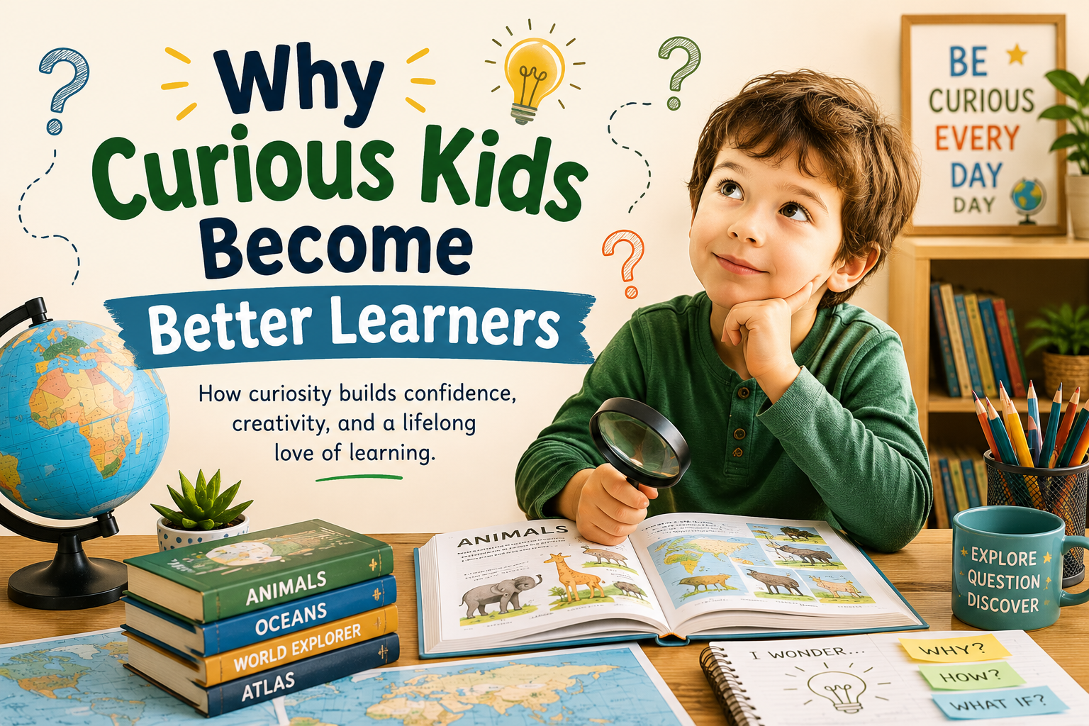 Curious child learning about the world through exploration, books, maps, and discovery
