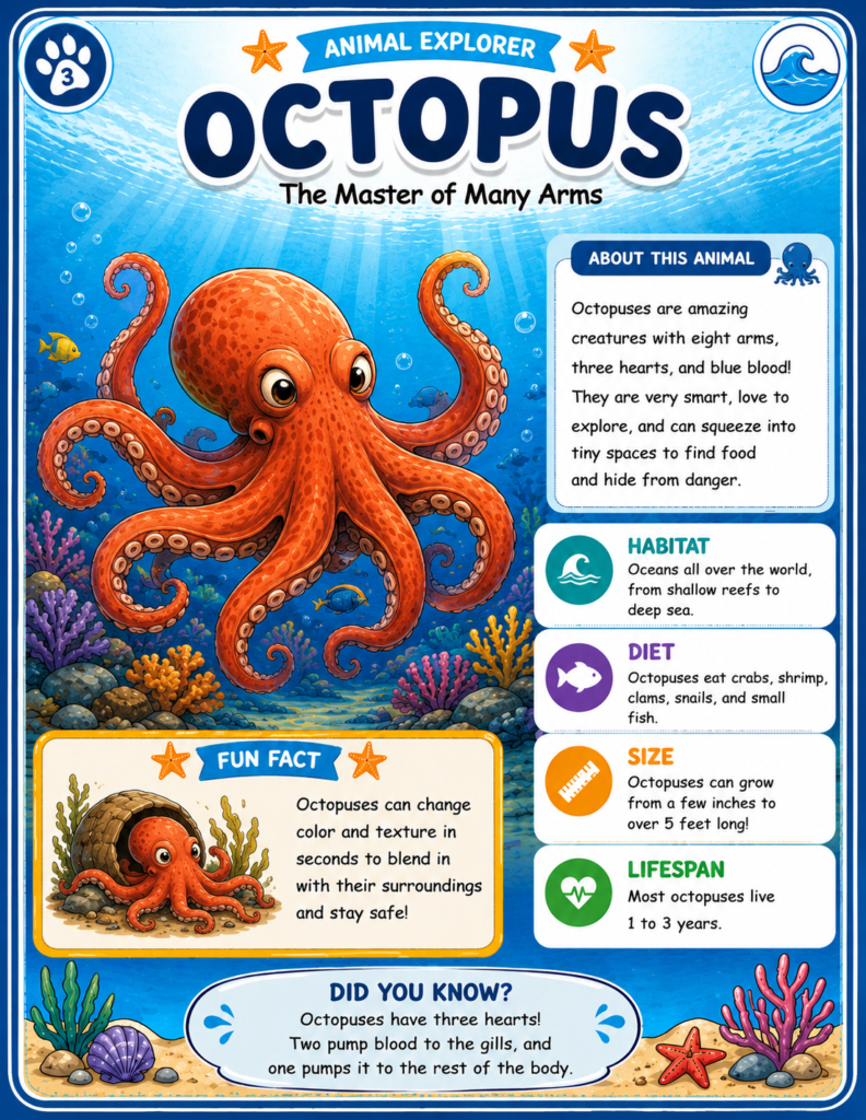 Octopus facts for kids learning about amazing ocean animals