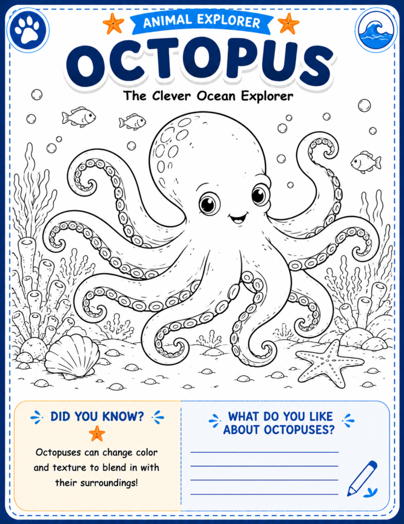 Octopus facts for kids learning about amazing ocean animals