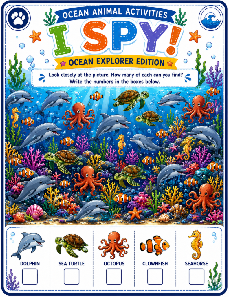 Ocean animal activity pages including I Spy puzzles word search and animal guessing games for kids