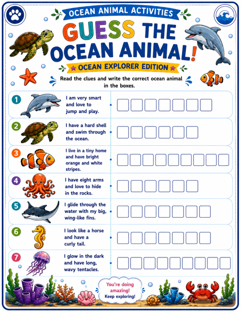 Ocean animal activity pages including I Spy puzzles word search and animal guessing games for kids