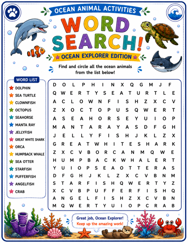 Ocean animal activity pages including I Spy puzzles word search and animal guessing games for kids