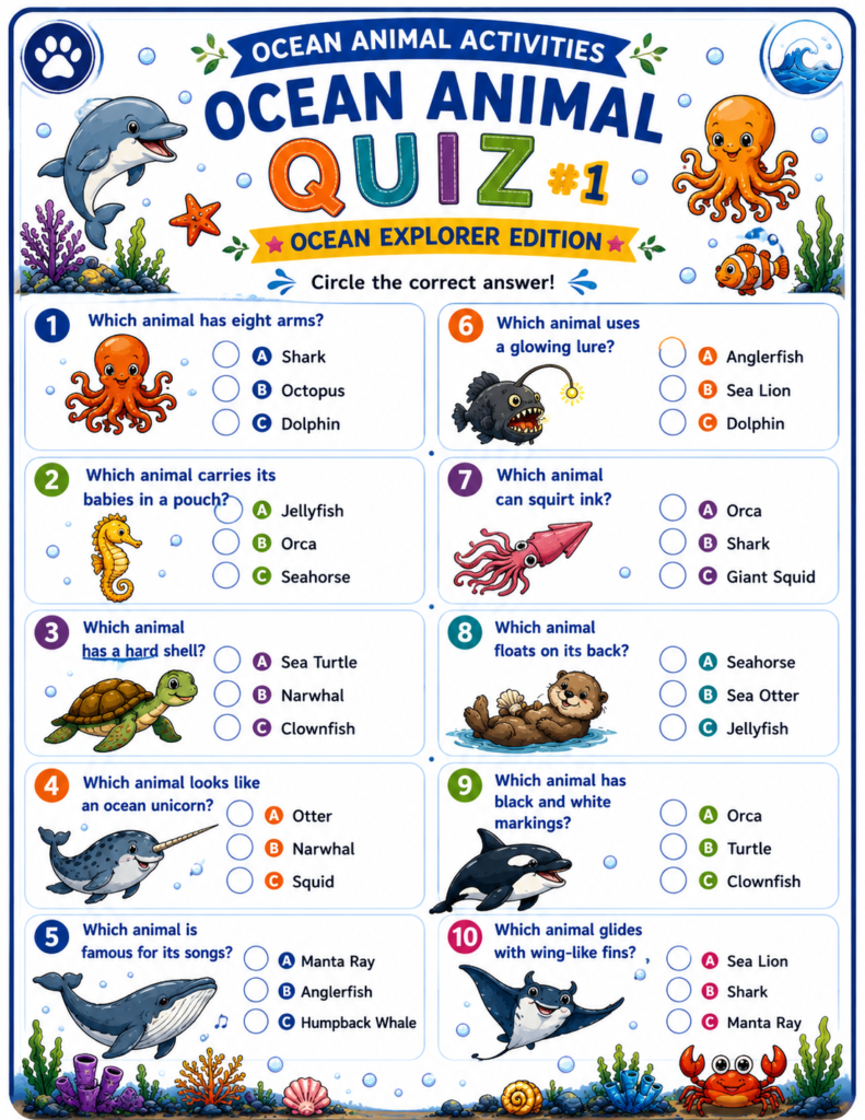 Ocean animal quizzes and educational activities designed for curious young learners