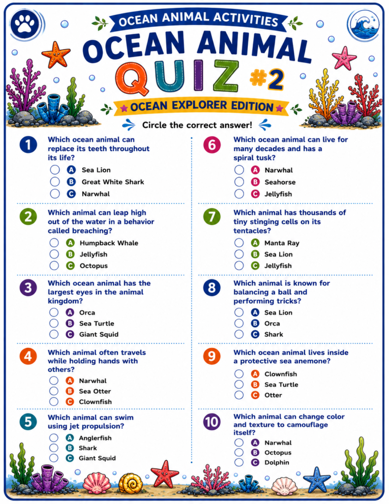Ocean animal quizzes and educational activities designed for curious young learners
