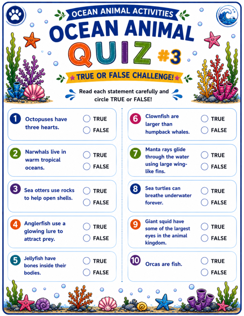 Ocean animal quizzes and educational activities designed for curious young learners