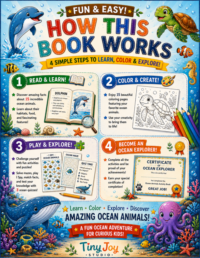 Ocean animal activity book with coloring pages puzzles and educational games for kids