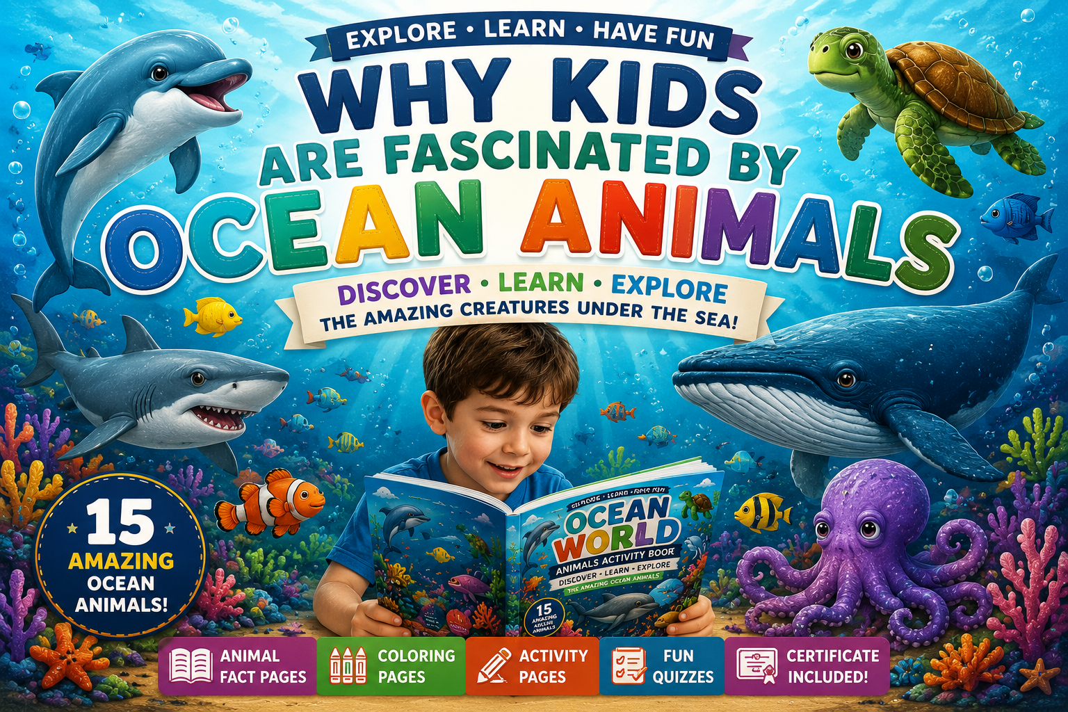 Child learning about ocean animals through books, facts, and educational activities while exploring the wonders of marine life