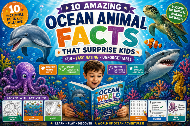 Ocean animal facts for kids featuring dolphins sharks octopuses turtles and educational learning activities