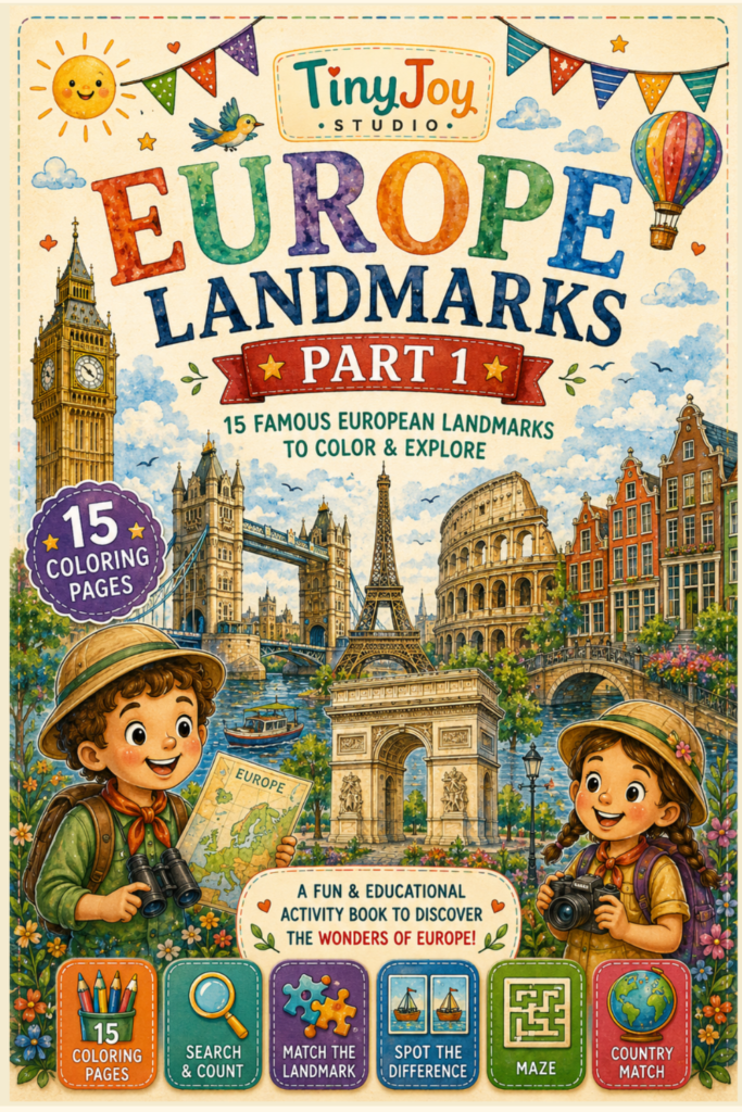 Europe Activity Book for Kids featuring famous European countries, landmarks, coloring activities, fun facts, and geography learning