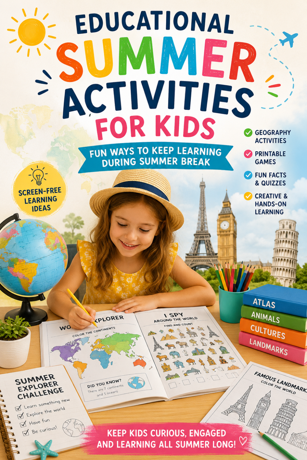 Kids enjoying educational summer activities with geography worksheets, world landmarks, and printable learning games