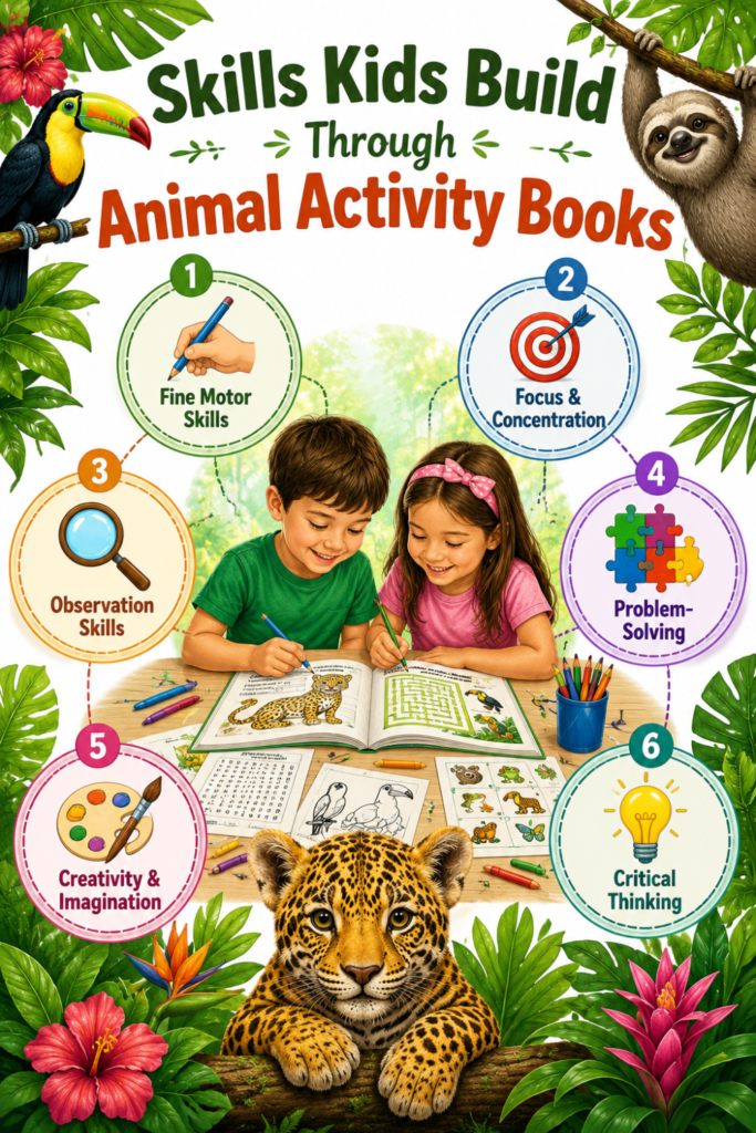 Educational infographic showing skills children develop through animal activity books, including fine motor skills, focus, observation, problem-solving, creativity, and critical thinking.