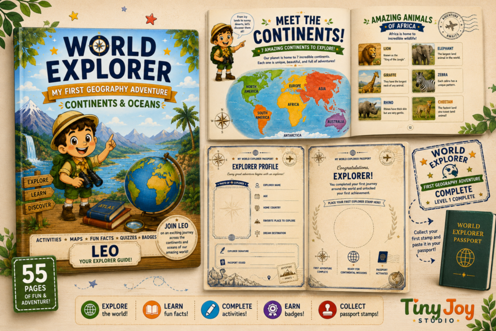 World Explorer geography learning system with passport, badges and achievement stamps
