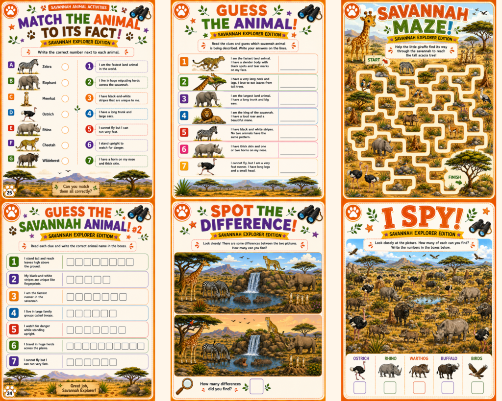 Savannah animal activity pages including puzzles mazes quizzes and observation games for kids