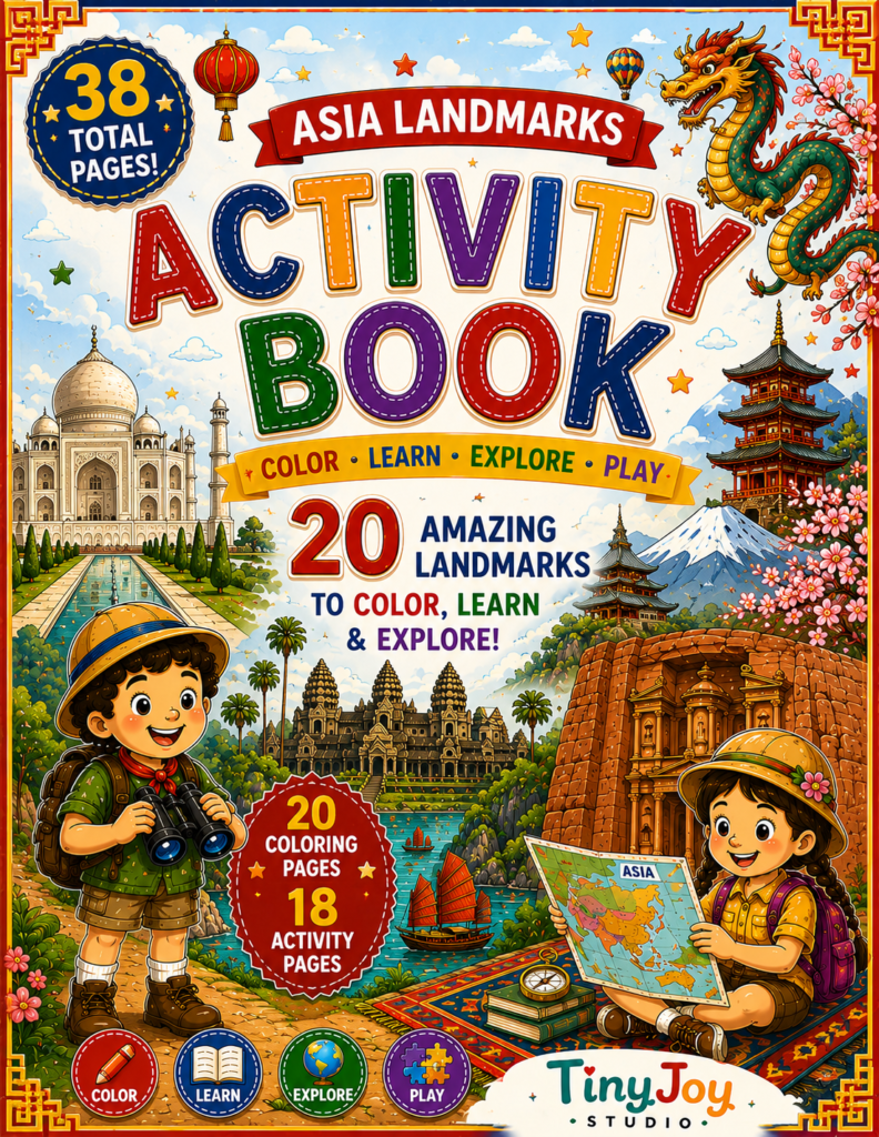 "Asia landmarks activity book for kids ages 5-10"