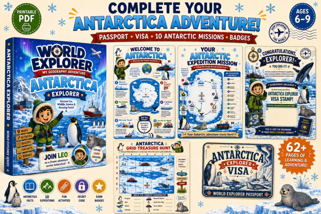 World Explorer Antarctica Explorer printable geography activity book for kids featuring missions, maps, passport, badges, puzzles, and educational learning games.