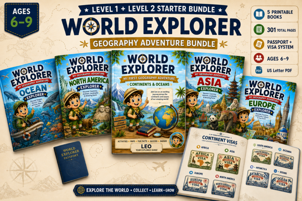 World Explorer educational geography book series with continents, countries, passports, and explorer badges for curious kids