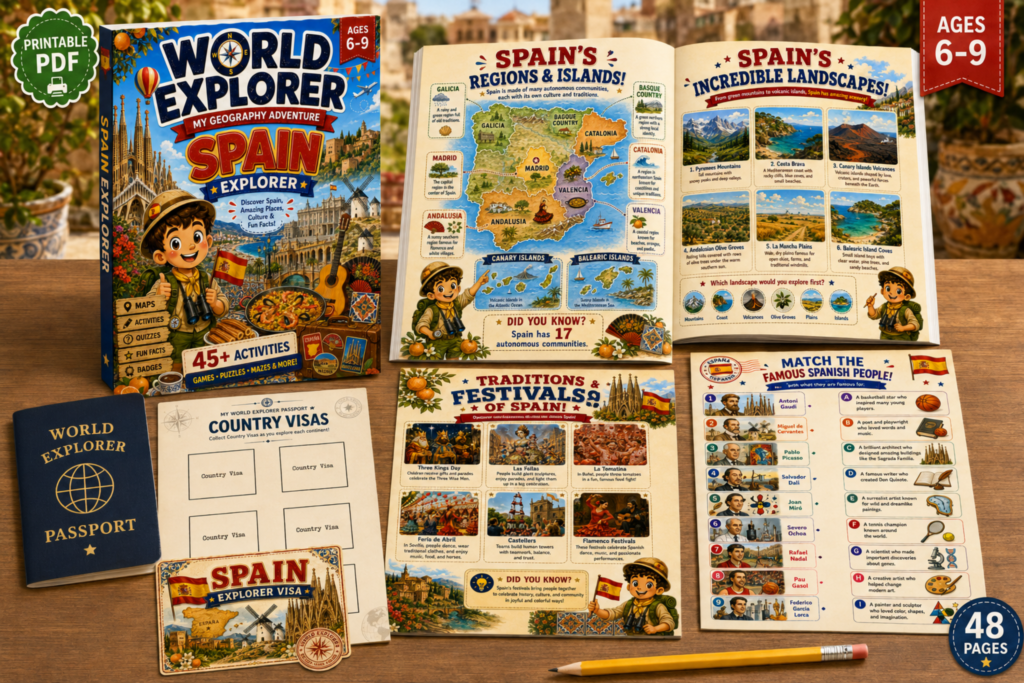 Homeschool geography curriculum activity books from the World Explorer Series by Tiny Joy Studio featuring USA UK Brazil and India