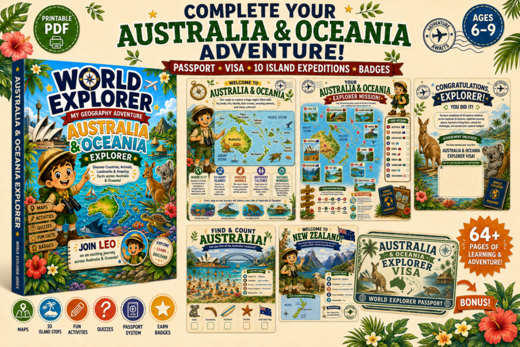 Australia and oceania geography for kids activity book featuring Leo the Explorer and an interactive continent map