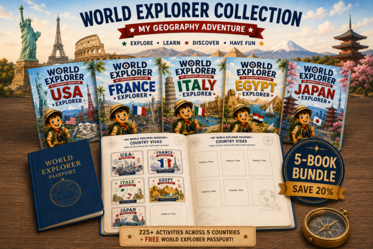 World Explorer Bundle printable geography activity books featuring USA, France, Italy, Egypt and Japan with collectible Explorer Passport for kids