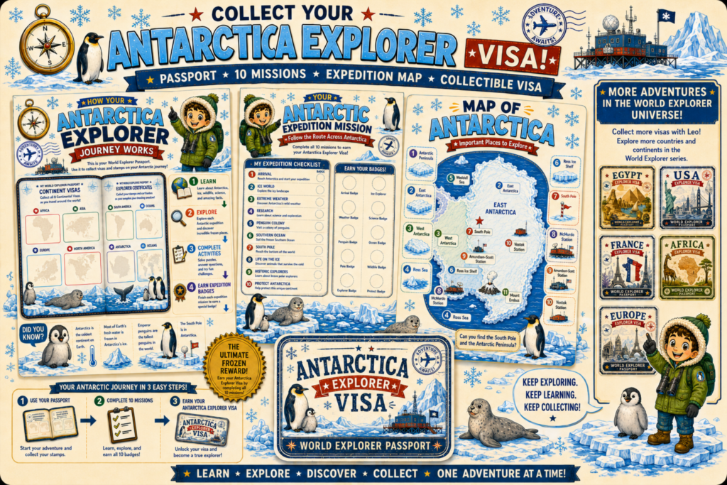 Antarctica Explorer passport system with expedition map, visa stamp, mission checklist, and printable geography activities for kids in the World Explorer series.