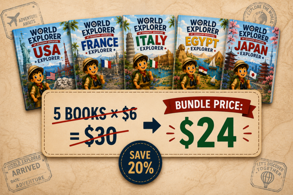 World Explorer Bundle printable geography activity books for kids including France, Italy, Japan, USA and Egypt