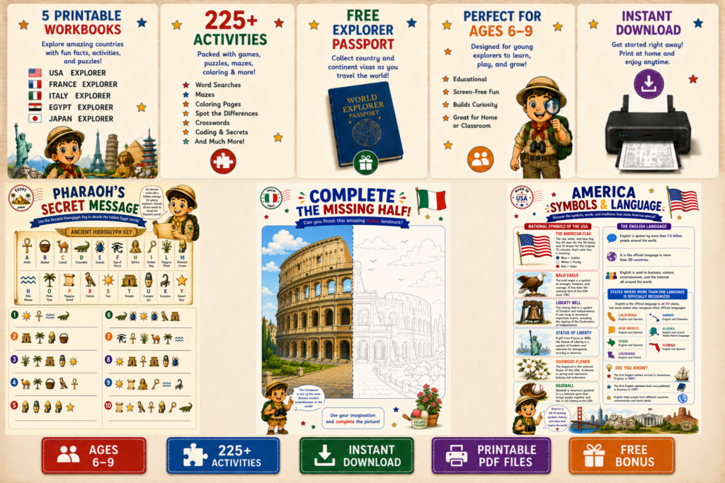 World Explorer Bundle printable geography activity books with passport, explorer visas and 225 educational activities