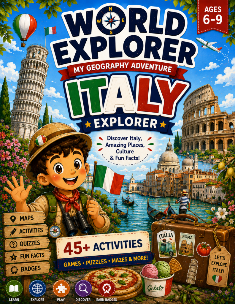 Italy Explorer printable activity book for kids featuring maps, landmarks, puzzles, coloring pages and fun geography activities.